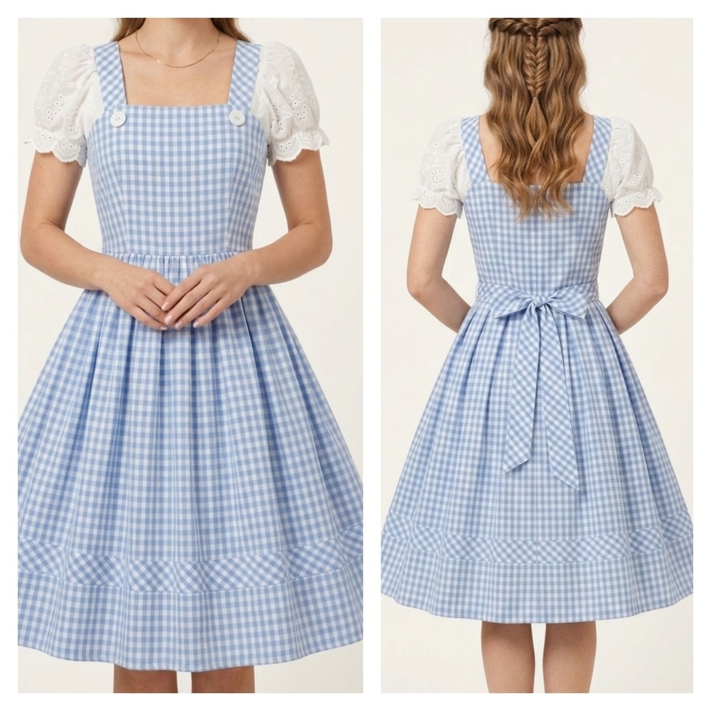 The Wizard Of Oz Fit & Flare Dress Womens S Blue White Gingham Check Puff Sleeve
